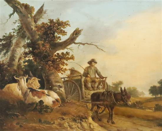 Benjamin Zobel (1762-1831) Donkey cart on a lane with tethered goats nearby 11.5 x 14.5in.